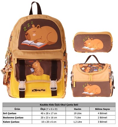 Kaukko Kids Clever(Kahverengi Renk) Erkek Çocuk Üçlü İlkokul Okul Çantası Seti/Takımı - SETKK-L5384A