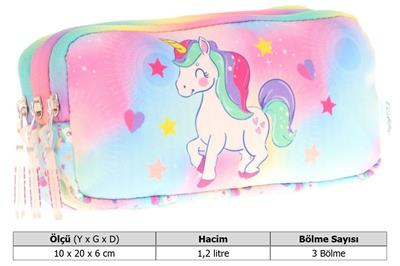 Kaukko Kids Çok Renkli, Unicorn, Kız Çocuk Üç Gözlü Okul Kalem Çantası - L8243
