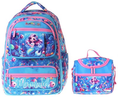 Kaukko Kids Coral Kız Çocuk Pembe - Mavi İlkokul Sırt Çantası ve Beslenme Çanta Seti - SETKK-L5323B
