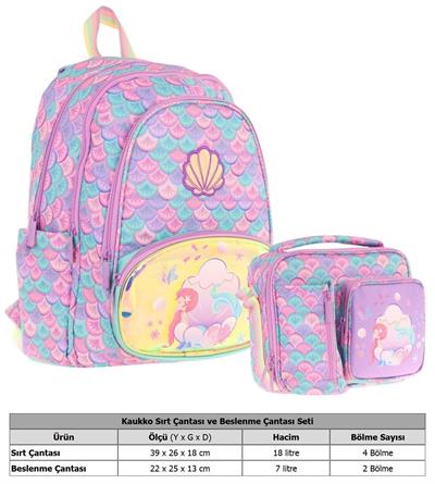Kaukko Kids Denizkızı Nakışlı ve Baskılı Okul Çantası (L5225) ve Thermo Beslenme Çantası (L7225) Seti - Kız Çocuk