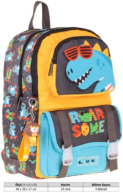 Kaukko Kids Dört Bölmeli Erkek Çocuk Dinazor Roar Some Baskılı Sarı - Mavi Okul Sırt Çantası - L5394
