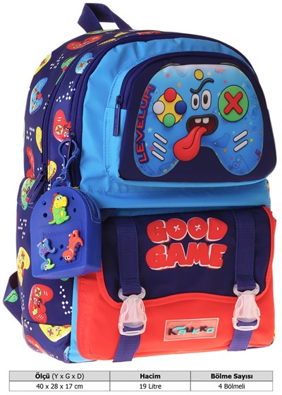 Kaukko Kids Dört Bölmeli Erkek Çocuk Good Game Baskılı Lacivert - Kırmızı Okul Sırt Çantası - L5389