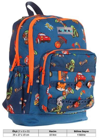 Kaukko Kids Dört Bölmeli Erkek Çocuk Silikon Aksesuarlı Lacivert Turuncu İlkokul Çantası