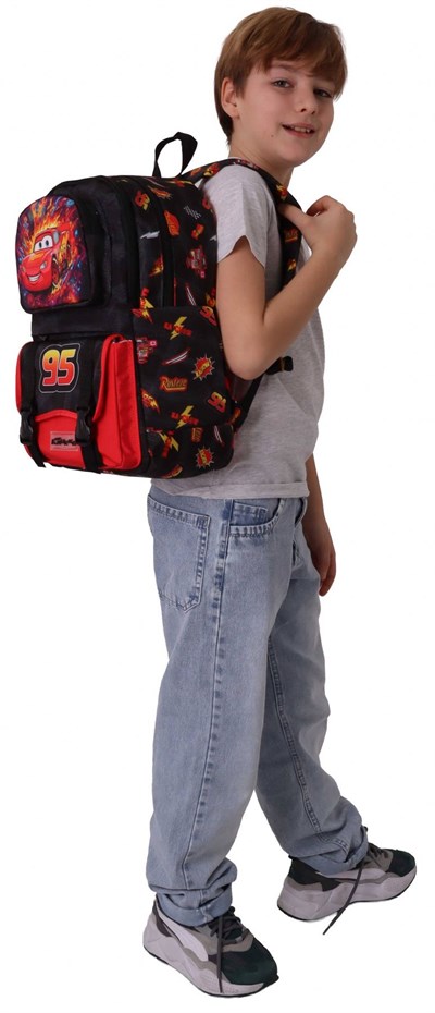 Kaukko Kids Dört Bölmeli Erkek Çocuk Yarış Arabası Baskılı Kırmızı - Siyah Okul Sırt Çantası - L5399