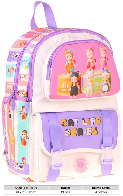 Kaukko Kids Dört Bölmeli Kız Çocuk Cat Life Baskılı Mor - Krem Okul Sırt Çantası - L5313