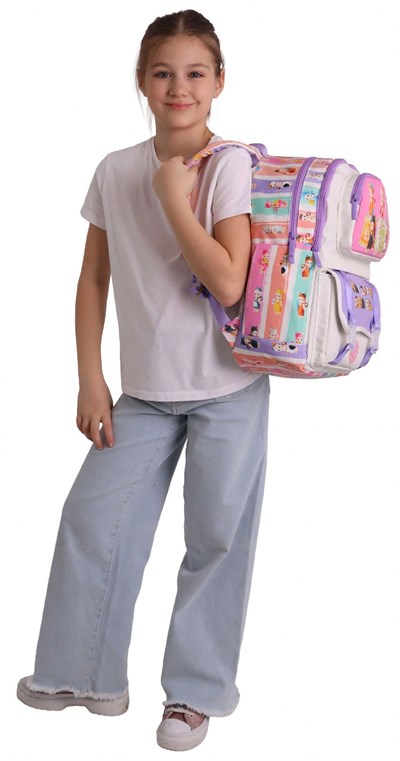 Kaukko Kids Dört Bölmeli Kız Çocuk Cat Life Baskılı Mor - Krem Okul Sırt Çantası - L5313