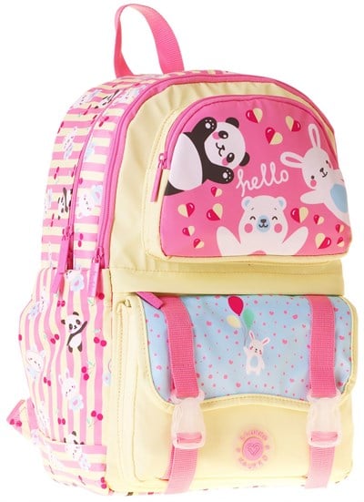 Kaukko Kids Dört Bölmeli Kız Çocuk Hello Baskılı Sarı - Pembe Okul Sırt Çantası - L5308