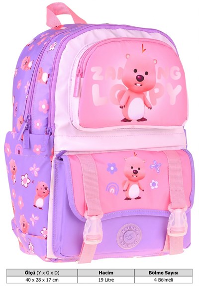 Kaukko Kids Dört Bölmeli Kız Çocuk Loopy Baskılı Lila - Pembe Okul Sırt Çantası - L5303