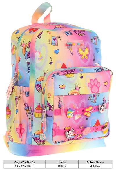 Kaukko Kids Dört Bölmeli Kız Çocuk Silikon Aksesuarlı Mavi Sarı İlkokul Çantası