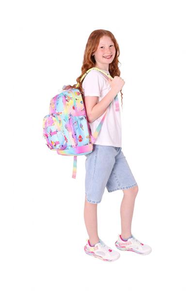 Kaukko Kids Dört Bölmeli Kız Çocuk Silikon Aksesuarlı Mavi Sarı İlkokul Çantası