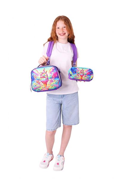 Kaukko Kids Dört Bölmeli Okul Çantası + Beslenme +Kalemlik Seti (Dondurma - Kız Çocuk - Kırmızı Mavi)