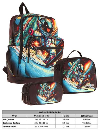 Kaukko Kids Dört Bölmeli Okul Çantası + Beslenme +Kalemlik Seti (Kayak Yapan Astonot - Erkek Çocuk - Siyah)