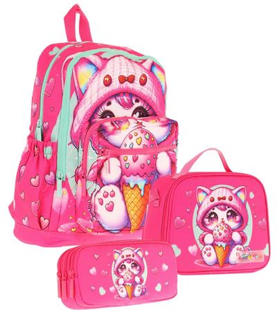 Kaukko Kids Dört Bölmeli Okul Çantası + Beslenme +Kalemlik Seti (Dondurma Yiyen Kedi - Kız Çocuk - Pembe)