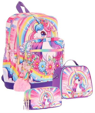 Kaukko Kids Dört Bölmeli Okul Çantası + Beslenme +Kalemlik Seti (Unicorn - Kız Çocuk - Pembe Mor)