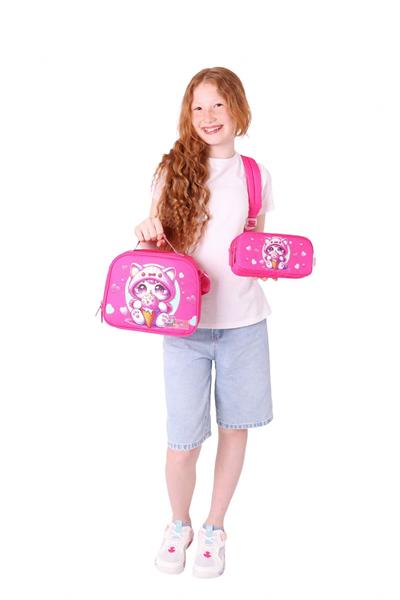 Kaukko Kids Dört Bölmeli Okul Çantası + Beslenme +Kalemlik Seti (Dondurma Yiyen Kedi - Kız Çocuk - Pembe)