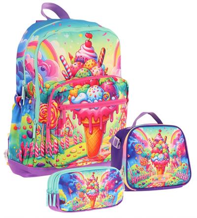 Kaukko Kids Dört Bölmeli Okul Çantası + Beslenme +Kalemlik Seti (Dondurma - Kız Çocuk - Kırmızı Mavi)
