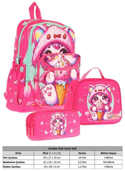 Kaukko Kids Dört Bölmeli Okul Çantası + Beslenme +Kalemlik Seti (Dondurma Yiyen Kedi - Kız Çocuk - Pembe)