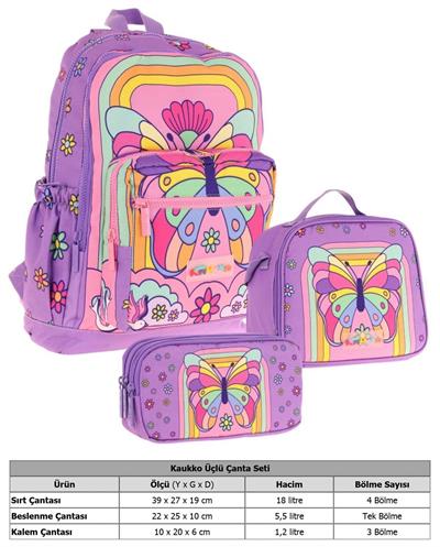 Kaukko Kids Dört Bölmeli Okul Çantası + Beslenme +Kalemlik Seti (Kelebek - Kız Çocuk - Mor Pembe)
