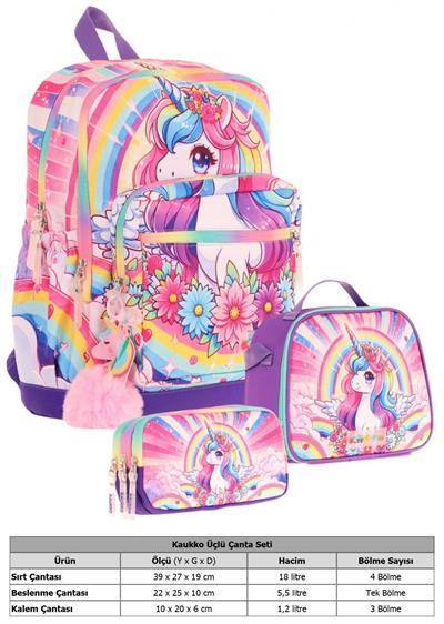 Kaukko Kids Dört Bölmeli Okul Çantası + Beslenme +Kalemlik Seti (Unicorn - Kız Çocuk - Pembe Mor)