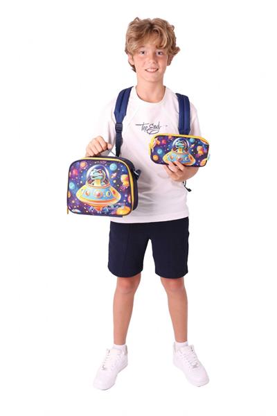 Kaukko Kids Dört Bölmeli Okul Çantası + Beslenme +Kalemlik Seti (Astronot Dinazor - Erkek Çocuk - Mavi Sarı)