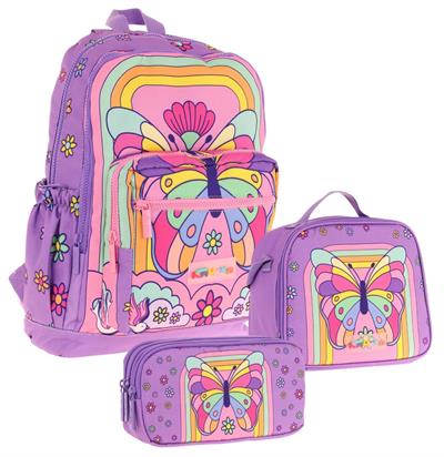 Kaukko Kids Dört Bölmeli Okul Çantası + Beslenme +Kalemlik Seti (Kelebek - Kız Çocuk - Mor Pembe)