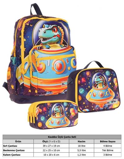 Kaukko Kids Dört Bölmeli Okul Çantası + Beslenme +Kalemlik Seti (Astronot Dinazor - Erkek Çocuk - Mavi Sarı)