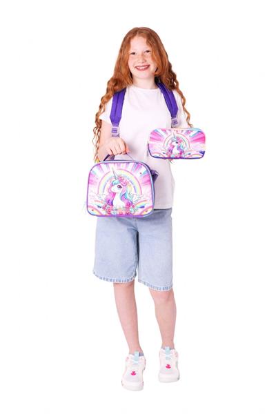 Kaukko Kids Dört Bölmeli Okul Çantası + Beslenme +Kalemlik Seti (Unicorn - Kız Çocuk - Pembe Mor)