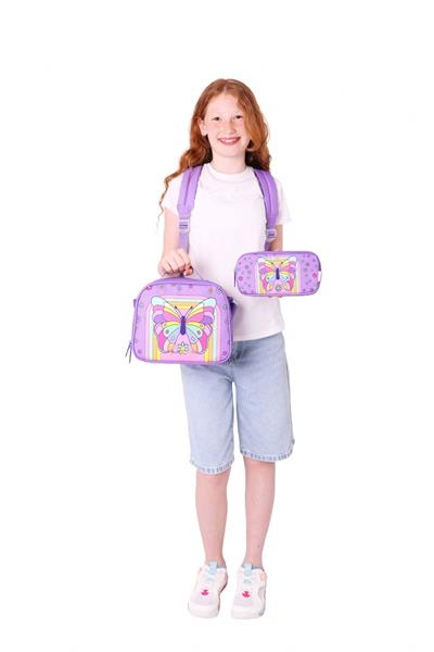 Kaukko Kids Dört Bölmeli Okul Çantası + Beslenme +Kalemlik Seti (Kelebek - Kız Çocuk - Mor Pembe)