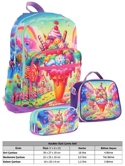 Kaukko Kids Dört Bölmeli Okul Çantası + Beslenme +Kalemlik Seti (Dondurma - Kız Çocuk - Kırmızı Mavi)