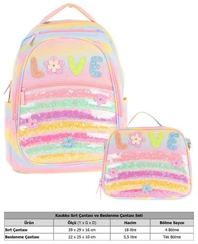 Kaukko Kids Dört Bölmeli Okul Çantası ve Beslenme Çantası Seti - Simli Pullu Love Baskılı - Kız Çocuk (L5214+L7214)