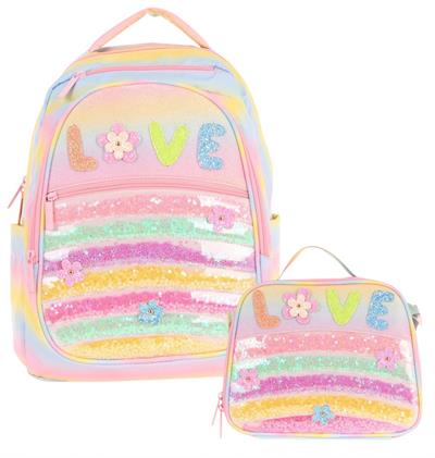 Kaukko Kids Dört Bölmeli Okul Çantası ve Beslenme Çantası Seti - Simli Pullu Love Baskılı - Kız Çocuk (L5214+L7214)