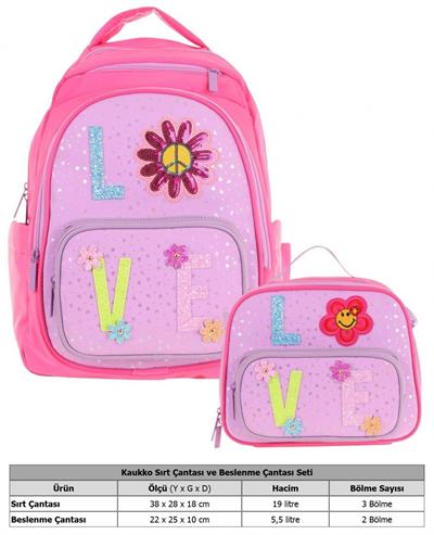 Kaukko Kids Dört Bölmeli Okul Çantası ve Beslenme Çantası Seti - Simli Love Desenli - Kız Çocuk (L5211+L7211)