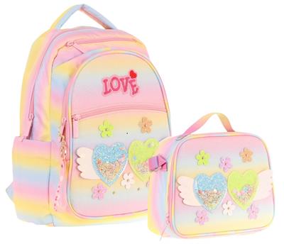 Kaukko Kids Dört Bölmeli Okul Çantası ve Beslenme Çantası Seti - Simli Kalp ve Çiçek Detaylı - Kız Çocuk (L5213+L7213)