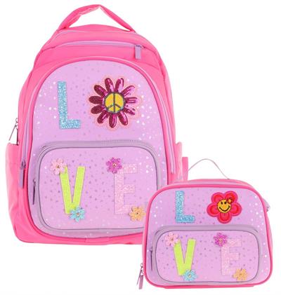 Kaukko Kids Dört Bölmeli Okul Çantası ve Beslenme Çantası Seti - Simli Love Desenli - Kız Çocuk (L5211+L7211)