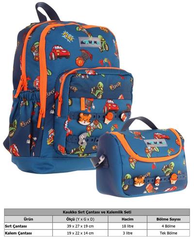 Kaukko Kids Dört Bölmeli Sırt Çantası ve Isı Yalıtımlı Beslenme Çantası Seti - Erkek Çocuk - Lacivert Turuncu