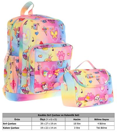 Kaukko Kids Dört Bölmeli Sırt Çantası ve Isı Yalıtımlı Beslenme Çantası Seti - Kız Çocuk - Mavi Sarı