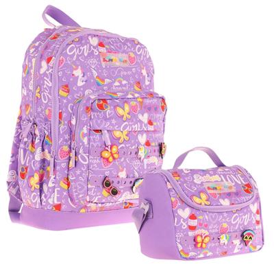 Kaukko Kids Dört Bölmeli Sırt Çantası ve Isı Yalıtımlı Beslenme Çantası Seti - Kız Çocuk - Mor