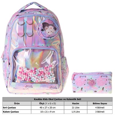 Kaukko Kids Dream Çok Renkli Kız Çocuk İlkokul Sırt Çantası ve Kalem Çantası Seti - SETKK-L5343C
