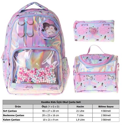 Kaukko Kids Dream(Çok Renkli Renk) Kız Çocuk Üçlü İlkokul Okul Çantası Seti/Takımı - SETKK-L5343A