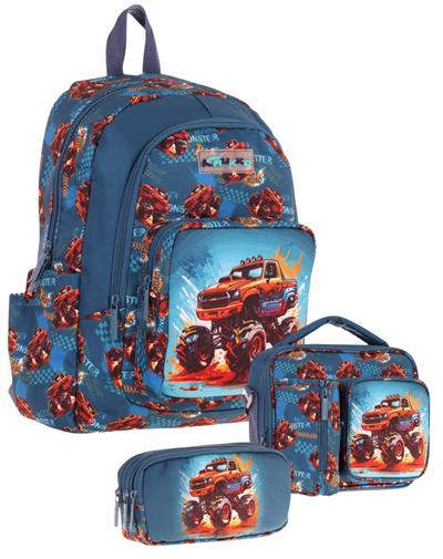 Kaukko Kids Erkek Çocuk Arazi Aracı Baskılı Üçlü Okul Çanta Seti(Okul Çantası+Beslenme Çantası+Kalemlik)