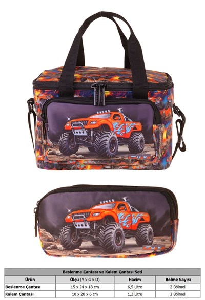 Kaukko Kids Erkek Çocuk Arazi Aracı Baskılı Siyah - Kırmızı Thermo Beslenme Çantası ve Kalemlik Seti - SETKK-L5360