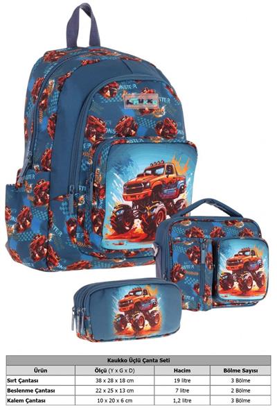Kaukko Kids Erkek Çocuk Arazi Aracı Baskılı Üçlü Okul Çanta Seti(Okul Çantası+Beslenme Çantası+Kalemlik)
