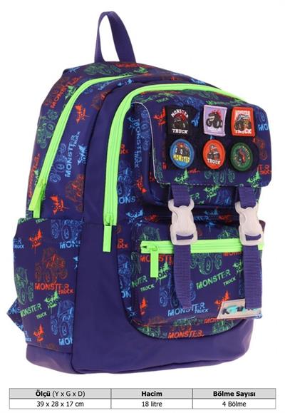 Kaukko Kids Erkek Çocuk Armalı Kamyon Desenli İlkokul Okul Sırt Çantası (Dört Bölmeli) - Lacivert Yeşil - L5279