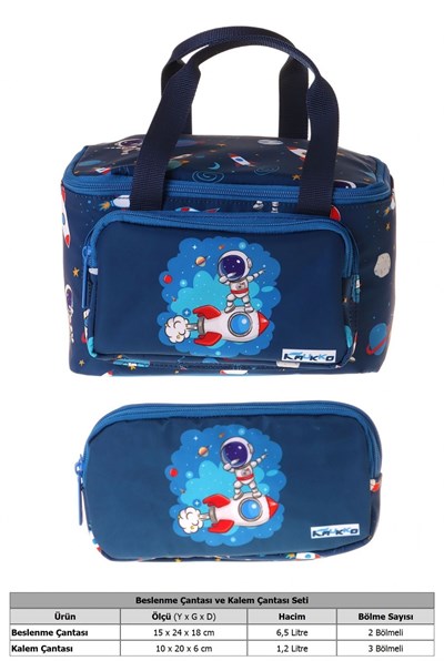Kaukko Kids Erkek Çocuk Astronot Baskılı Lacivert Thermo Beslenme Çantası ve Kalemlik Seti - SETKK-L5365