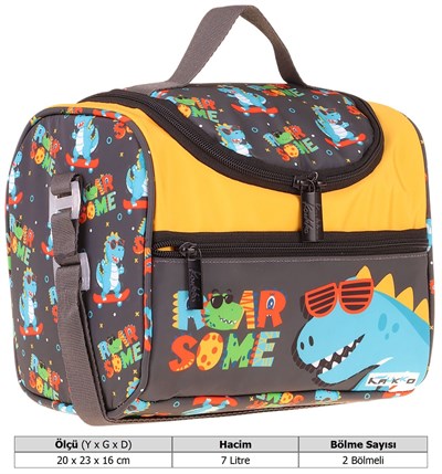 Kaukko Kids Erkek Çocuk Dinazor Roar Some Baskılı Isı Yalıtımlı Okul Beslenme Çantası (Sarı - Mavi) - L5395