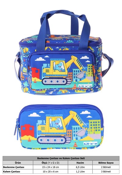 Kaukko Kids Erkek Çocuk Dinazor ve İş Makinesi Baskılı Mavi - Sarı Thermo Beslenme Çantası ve Kalemlik Seti - SETKK-L5370
