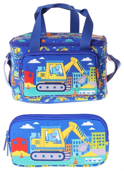 Kaukko Kids Erkek Çocuk Dinazor ve İş Makinesi Baskılı Mavi - Sarı Thermo Beslenme Çantası ve Kalemlik Seti - SETKK-L5370