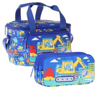 Kaukko Kids Erkek Çocuk Dinazor ve İş Makinesi Baskılı Mavi - Sarı Thermo Beslenme Çantası ve Kalemlik Seti - SETKK-L5370