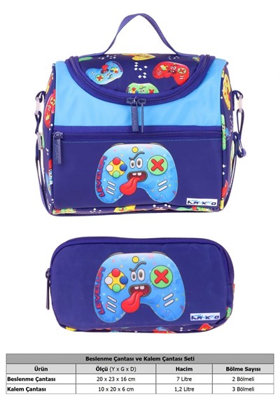Kaukko Kids Erkek Çocuk Good Game Baskılı Lacivert - Kırmızı Thermo Beslenme Çantası ve Kalemlik Seti - SETKK-L5390