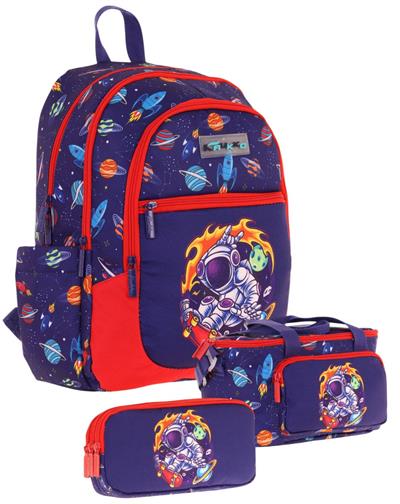Kaukko Kids Erkek Çocuk İçin Lacivert Kırmızı Renkli Astronot BaskılıÜçlü Okul Çanta Kombinasyonu